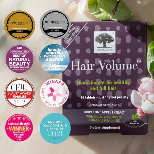 NEW NORDIC Hair Volume Daily Biotin Support Supplement | 90 Tablets | Daily hair supplement tablets made with biotin and Annurka apple extract for simple incorporation into your daily routine