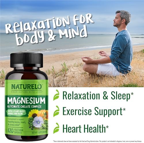 NATURELO Magnesium Glycinate Chelate Complex - 200 mg Magnesium, 120 Count | Support Sleep, Calm, Muscle Cramp & Stress Relief, Gluten Free, Non GMO, with Organic Vegetables