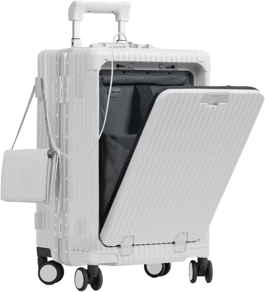 Nobl Travel Carry on Luggage, Zipperless Aluminum Frame, TSA Locks | PC Hard Shell Suitcase, Airline Approved, 360° Spinner Wheels, USB Charging Port, Cup & Phone Holder, 22.5x15x9.5, Ivory