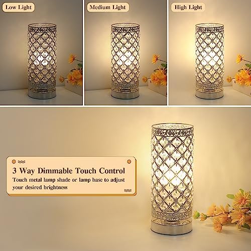 Crystal Table Lamp, 3 Way Touch Control Dimmable Bedside Nightstand Lamp | Silver Crystal Desk Lamp