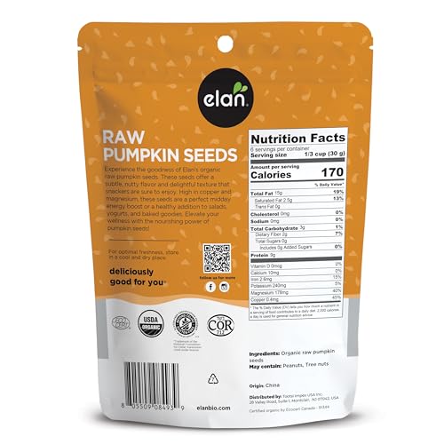 Elan Organic Pumpkin Seeds, 6.5 oz, Unsalted, Unroasted Shelled Kernels, No Shell, Non-GMO, Vegan, Gluten-Free, Kosher, Nutritious Seeds