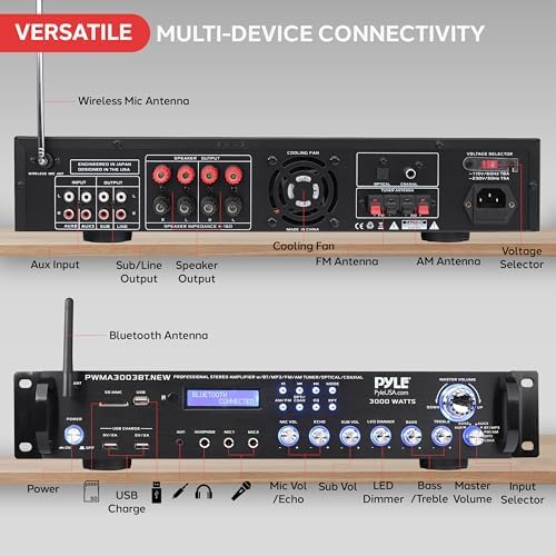 Pyle Bluetooth Home Audio Power Amplifier -4 Ch. 3000W, Stereo Receiver w/Speaker Selector, FM Radio, USB, Headphone, 2 Wireless Mics for Karaoke