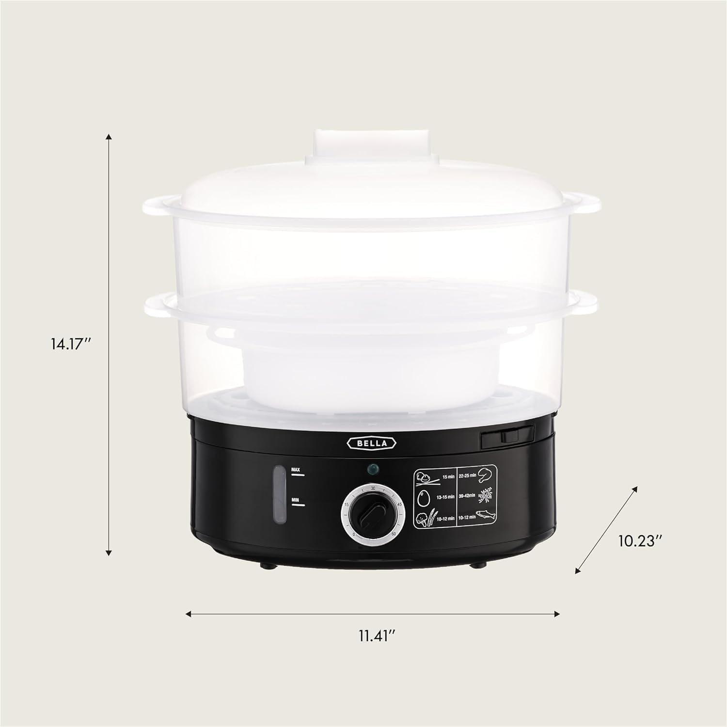 BELLA Two Tier Food Steamer with Stackable Baskets & Removable Base for Fast Simultaneous Cooking - Auto Shutoff & Boil Dry Protection, 7.4 QT, Black