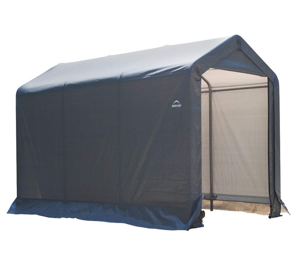 ShelterLogic 10' x 10' Shed-in-a-Box All Season Steel Metal Round Roof Outdoor Storage Shed with Waterproof Cover and Heavy Duty Reusable Auger Anchors, grey