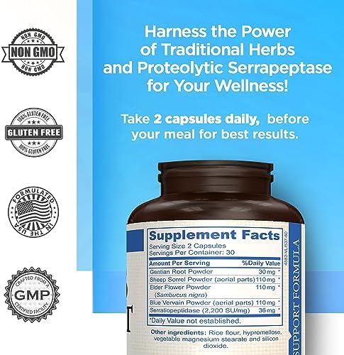 Natural Sinus Support – Serrapeptase, Elder Flower & Sheep Sorrel – Sinus Drainage, Nasal & Allergy Health