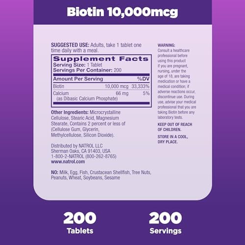 Natrol Biotin 10000mcg, 4X Faster Dissolve Supplement for Healthy Hair, Skin and Nails for Those Low in Biotin, Plus Energy Metabolism Support, 60 Tablets, Up to a 60 Day Supply