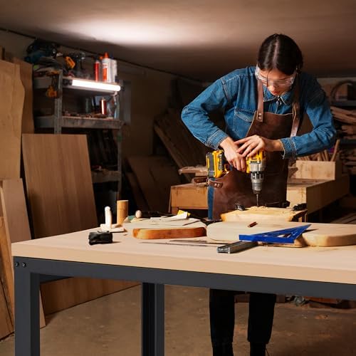 Antifir 60" Adjustable Workbench, Heavy Duty Wood Workstation | Garage Workbench, 2000 LBS Load Capacity, Work Table with Power Outlet and Foot Pads for Commercial, Workshop, Office, Home