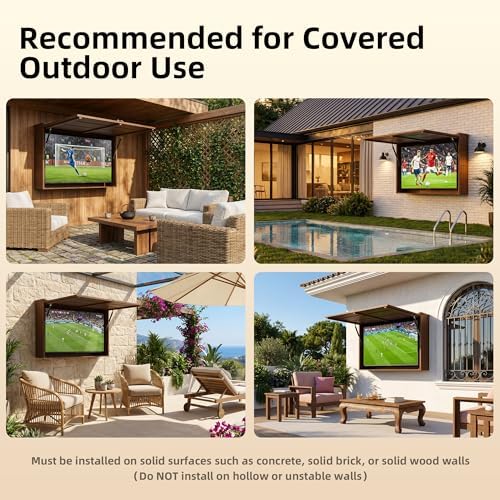Outdoor TV Enclosure, Fit for 32-55 Inch TV, Solid Wood Wall-Mounted TV Cabinet with Dual-Arm Steel Bracket, Includes 600D TV Cover (Walnut Color)