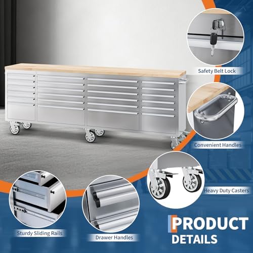 72" Heavy-Duty Rolling Tool Chest & Workbench with 15 Drawers, Steel Rubber Wood Top on Wheels, Key Locking System, Drawer Liners for Garage Warehouse Repair Shop, Black Storage Cabinet.