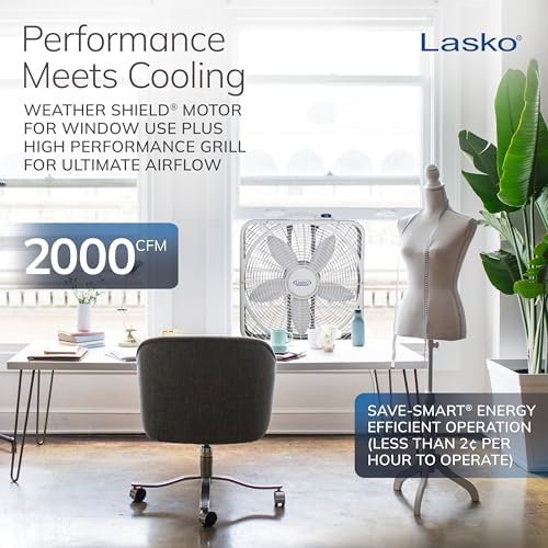 Lasko Weather-Shield Performance Box Fan, 3 Speeds, Innovative Wind Ring System for Up to 30% More Air, Carry Handle for Bedroom, Office, Home