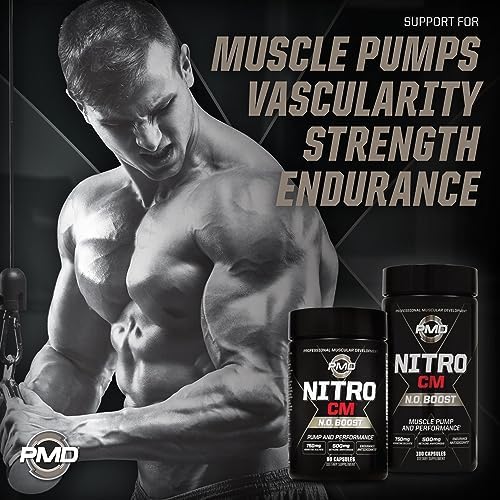 PMD Sports Nitro CM Nitric Oxide with Agmatine Supplement - 90 Capsules | Muscle Growth Support, Muscle Pump, L-Arginine, Endurance Antioxidants Boost, Hardcore Training and Bodybuilding Support