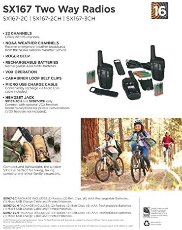 Uniden SX167-2C Up to 16 Mile Range Two-Way Radio Walkie Talkies, Rechargeable Batteries with Convenient Charging Cable, NOAA Weather Channels
