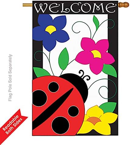 Two Group - Spring Ladybug Garden Friends - Everyday Bugs & Frogs Applique Decorative Vertical House Flag 28" x 44"