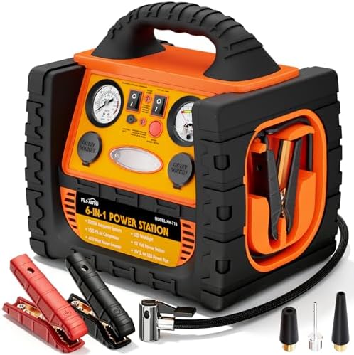 Portable Jump Starter with Air Compressor, FlyAuto 2200A Battery Booster for Cars, Trucks & SUVs, Up to 8.5L Gas & 8.0L Diesel, 150PSI Tire Inflator