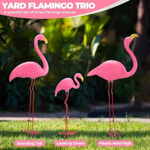 Ohuhu Family Flamingo Yard Ornaments, Set of 3 (32", 31", 19"), Pink | Metal Feet Stakes Bright Pink Flamingos Family, Garden Yard Patio Decoration