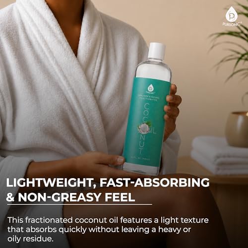 Pursonic Pure Unscented Fractionated Coconut Oil - 16 Oz Multipurpose Oil for Skin, Hair, Body Massage & Makeup Removal - Carrier Oil for Essential Oils and Aromatherapy