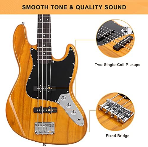 GLARRY 4 String GJazz Electric Bass Guitar Full Size Right Handed with Guitar Bag, Amp Cord and Beginner Kits (Transparent Yellow)