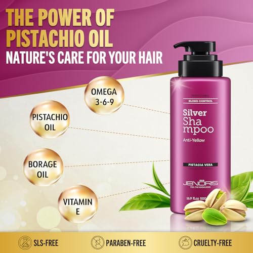 Jenoris Silver Purple Shampoo For Blonde, Silver, Gray & Lightened Hair – Neutralizes Yellow & Brassy Tones – Enriched with Natural Oils