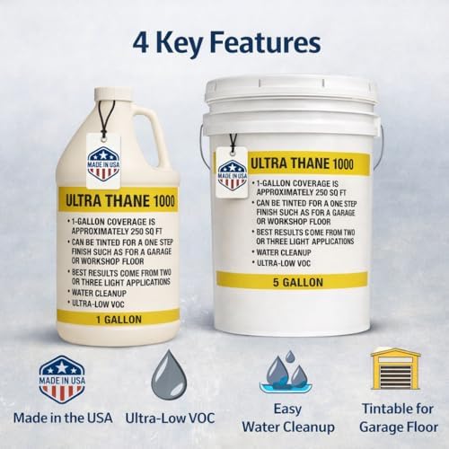 Ultra Thane 1000 Single Component Polyurethane Concrete Floor Sealer –UV & Stain-Resistant Aliphatic Urethane – Clear Protective Finish for Concrete, Overlays & Microtoppings - 5 Gallon
