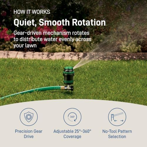 Orbit H2O-Six Gear-Drive Sprinkler on Metal T-Spike - Customizable Lawn Watering Coverage - Multi-Pattern Rotating Head with Adjustable Spray Range - Durable Outdoor Yard Irrigation Sprinkler - 58573