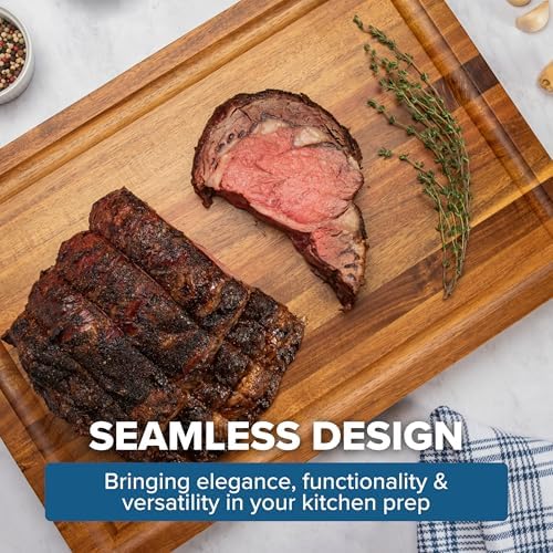 Viking Cutting Board, Acacia Wood Kitchen Butcher Block Carving Board with Juice Groove and Metal Handles, 23 x 14 x 1 Inch