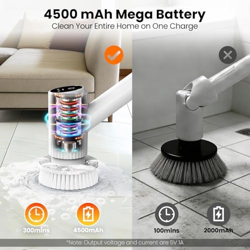 Electric Spin Scrubber – 5-Hour Battery, 6 Brush Heads, No Bending with 47" Extendable Handle
