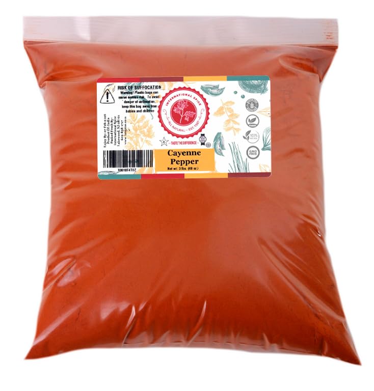 Cayenne Pepper by International Spice, Red Cayenne Pepper Seasoning Powder, Essential Gourmet Kitchen Spice, Bulk, 3 lb. Bag