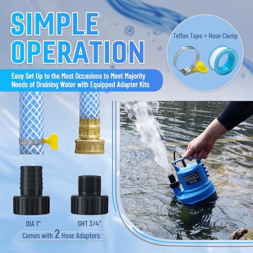 1/3 HP Submersible Water Pump 2000 GPH Portable Small Sump Pump For Pool Cover, Basements, Puddles