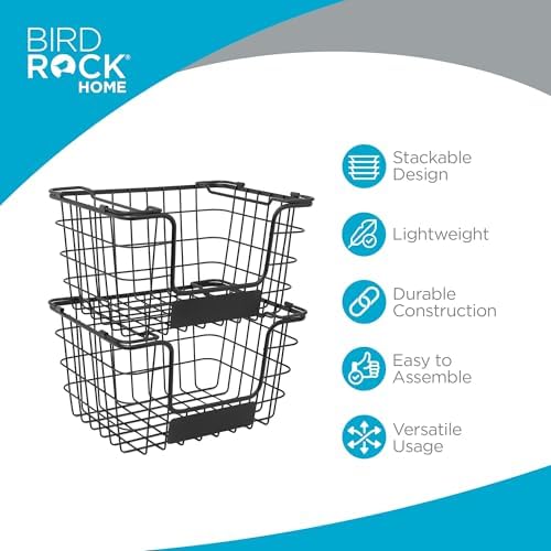 BirdRock Home Stacking Wire Market Baskets with Chalk Label | Set of 2 | Fruit Vegetable Produce Metal Storage Bin for Kitchen Counter | Black