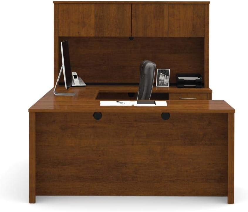 Bestar Embassy 66W U-Shaped Executive Desk with Pedestal and Hutch in Dark Chocolate | With Pedestal and Hutch, with Narrow Desk Shell, Desk Shell