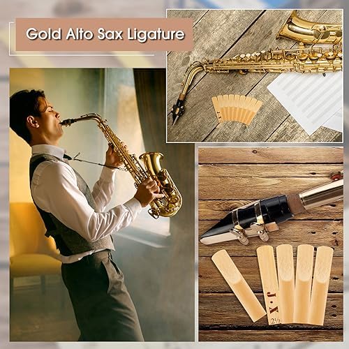 Alto Sax Ligature with 20 Pcs Alto Saxophone Reeds 2.5 Gold Alto Saxophone Ligature with Adjustable Screws Alto Saxophone Ligature Fastener Strength