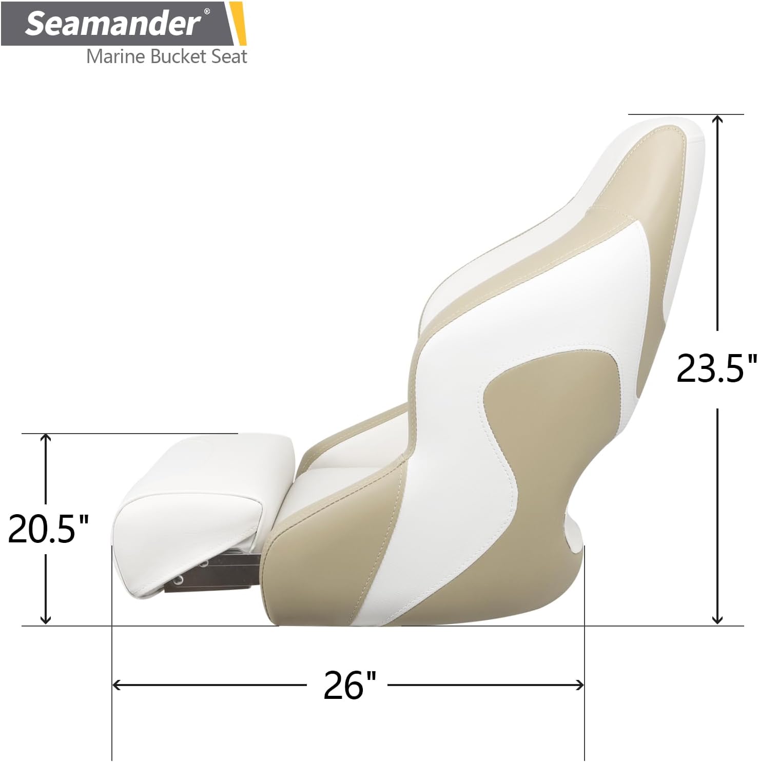 Seamander Boat Captains Chair,Captain Bucket Seat with Flip Up Bolster,Integral Rotomolded Frame, Premium EPDM Foam Material, Marine Grade Vinyl (A-White/Charcoal)