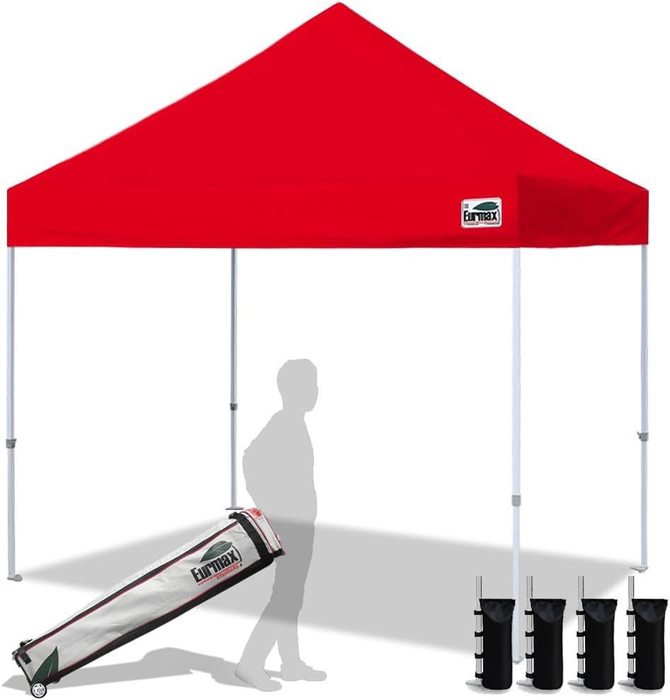 Eurmax USA 10x10ft Pop Up Canopy,Commercial Instant Tent for Outdoor Events,Patented No-Tip Rolling Storage Bag with 4 Sandbags,UV & Water Resistant,Heavy Duty Portable Shelter Gazebo,Black