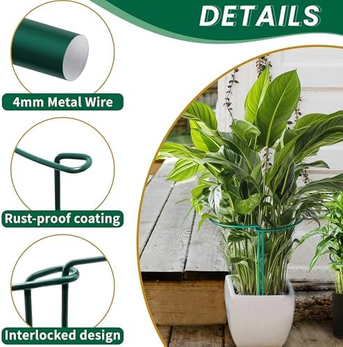 TCBWFY 10 Pack Garden Plant Support Stakes, 10" Widex16 High Heavy Duty Interlinked Half Round Peony Support Ring Cage for Indoor Outdoor Plants
