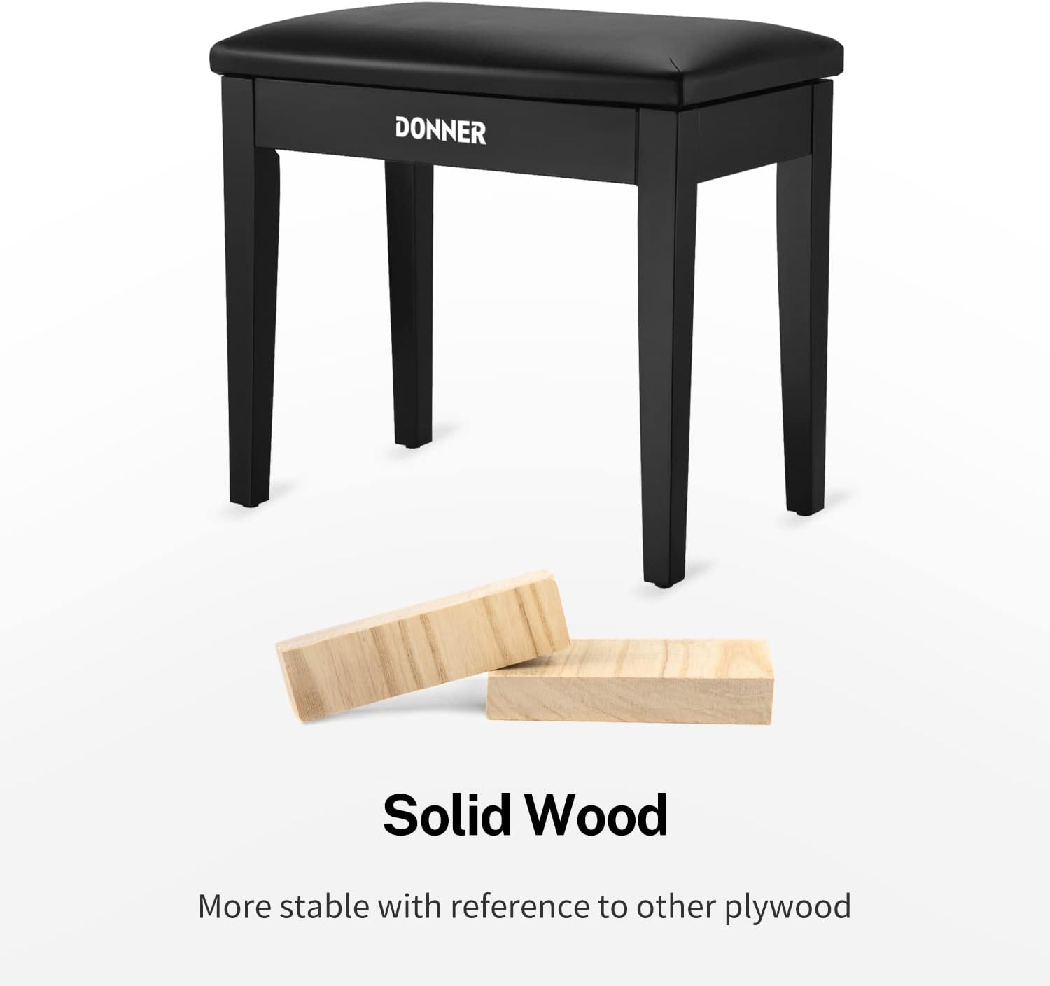 Donner Piano Bench with Storage, Solid Wood Keyboard Bench Piano Bookcase Stool Chair Seat with High-Density Sponges Pad, Black