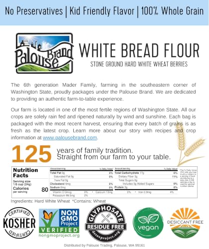 Palouse Brand Certified Glyphosate Residue Free Bread Flour | 3 LBS | Whole Grain | Stone Ground | Non-GMO | 100% Non-Irradiated | Kosher | USA Grown | Field Traced | Resealable Bag