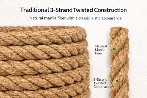 Twisted Manila Rope, Natural 3-Strand Fiber Rope for Landscaping, Decor, Railings, DIY Projects & Utility Use, Rustic for Indoor & Outdoor Applications - 1 in x 25 ft