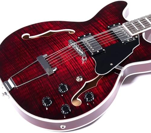 GROTE Jazz Electric Guitar Semi-Hollow Body Trapeze Tailpiece Bridge Guitar Gig Bag (RED)