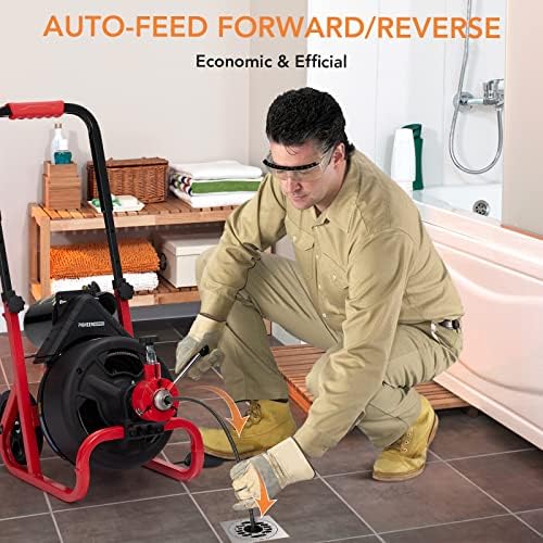 PIONEERWORKS Plumbing Snake & Drain Auger 100Ft x 3/8In, Electric Drain Cleaner Machine with Auto Feed, 6.8A Sewer Auger for 1-4 Inch Pipes