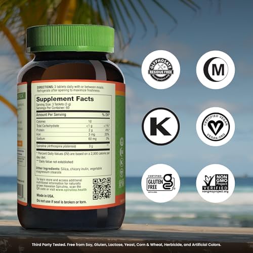 Nutrex Hawaii Pure Hawaiian Spirulina Tablets, Vegan, 500 mg, 400 Count | Spirulina Farm Grown in Kona, Hawaii, Non-GMO, Glyphosate Residue Free, 3rd Party Tested, 60% Protein, Superfood Supplement