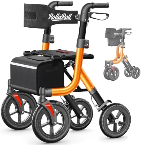 Walkers for Seniors, Rollator Walker with Seat, 10" Big Rubber Wheels All Terrain Rolling Walker, Lightweight Foldable Rollator Walker, Built-in Cable, Reinforced Aluminum Frame, Orange