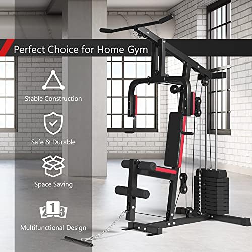 GYMAX Home Gym, Multifunctional Workout Equipment with Leg Extension, Pulley System & 100lbs Weight Stack, Full Body Strength Training Machine
