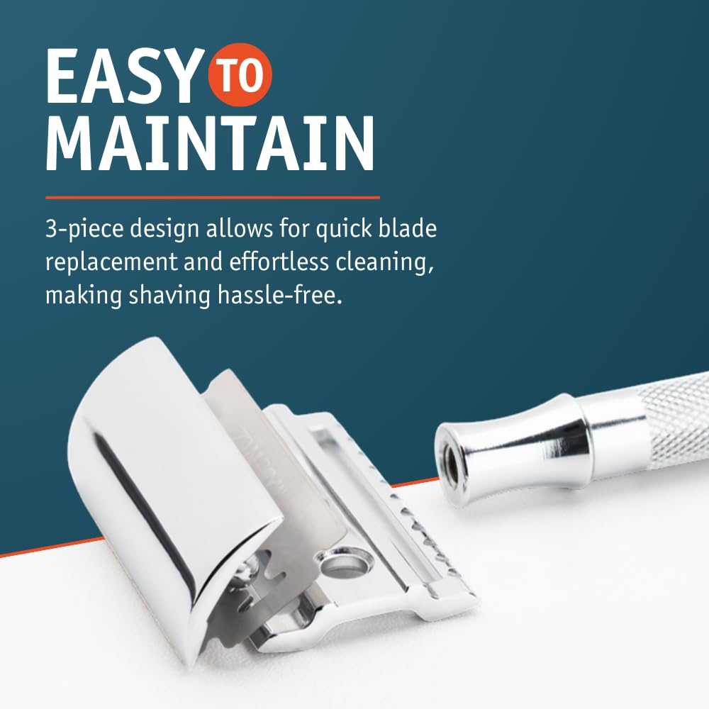 MERKUR 23C Double Edge Safety Razor - Polished Chrome, Long Knurled Brass Handle, Made in Germany, Plastic-Free, Three Piece Design, Closed Comb, Straight Bar