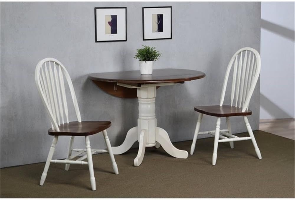 Sunset Trading Andrews Windsor Arrowback Dining Side Chair | Two Tone Antique White Chestnut Brown Solid Wood | Set of 2 Fully Assembled Sidechairs