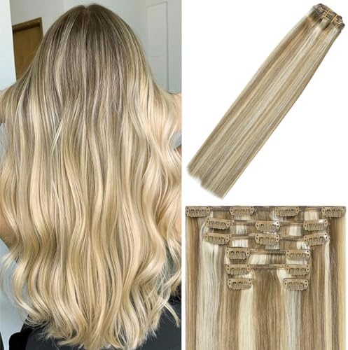 WindTouch Clip In Hair Extensions Human Hair Mixed Bleach Blonde 18Inch 75g Hair Extensions for Women Remy Blonde Extensions Clip in #18p613 7PCS