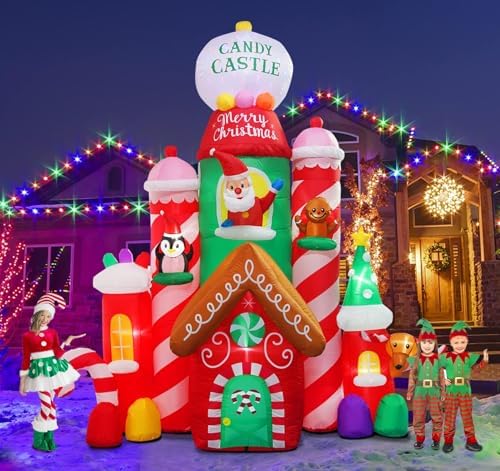 [Flash Light] 10FT Tall Christmas Inflatable Outdoor Decoration Candy Castle with Santa Gingerbread and Penguin