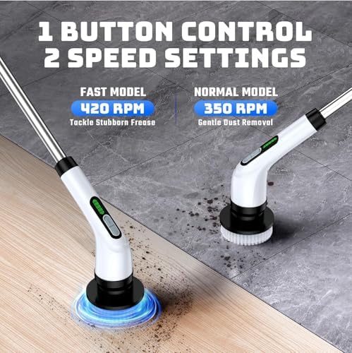 Electric Spin Scrubber for Bathroom: Shower Scrubber with Long Handle | Dual Speed Cordless Power Cleaning Scrub, 7 Brush Heads