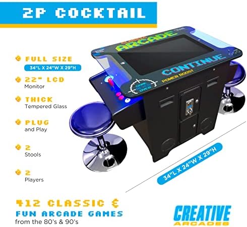 Creative Arcades Full Size Commercial Grade Cocktail Arcade Machine | 2 Player | 412 Games | 22" LCD Screen | Square Glass Top | LED | 2 Sanwa