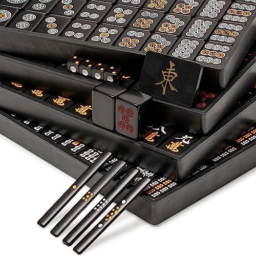 Yellow Mountain Imports Japanese Riichi Mahjong Set - White and Yellow Standard Size Tiles - with East Wind Tile and Black Vinyl Case