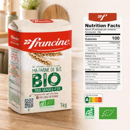 Francine Organic T55 All-Purpose French Flour, EU Certified, 2.2lb (2-Pack)